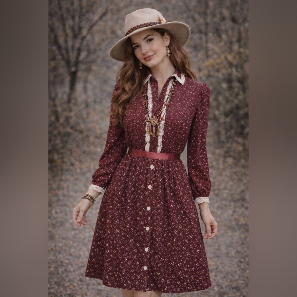 *Vintage 70’s calico Gunne dress by Craig - maroon red with white lace trim -S/M